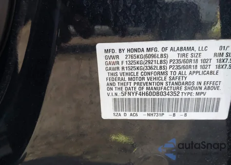 2013 Honda Pilot Exl from USA, damaged, VIN 5FNYF4H60DB034352